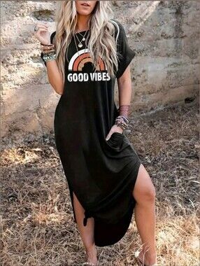 Good Vibes Sleeveless Black Maxi Dress with Orange Rainbow Graphic